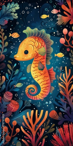 b'Orange Seahorse Surrounded by Colorful Plants and Fish'