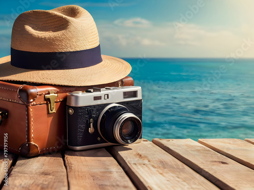 Vintage suitcase, hipster hat, photo camera and passport on wooden deck. Tropical sea, beach and palm three in background. Summer holiday traveling concept design banner with copy space.