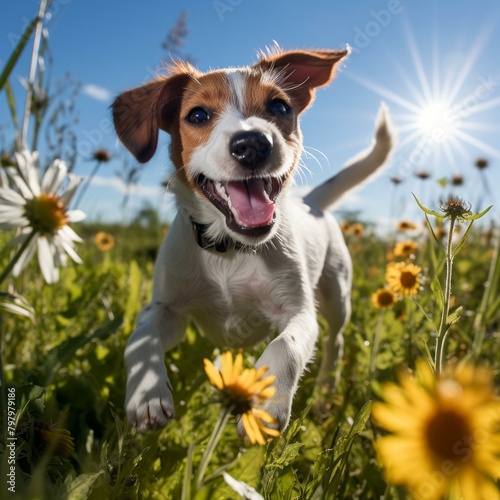 b'A happy brown and white Jack Russell Terrier dog running through a field of yellow and white flowers with a big smile on its face' photo