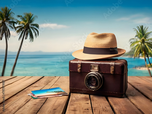 Vintage suitcase, hipster hat, photo camera and passport on wooden deck. Tropical sea, beach and palm three in background. Summer holiday traveling concept design banner with copy space.
