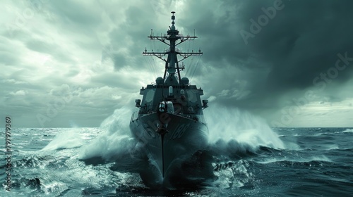 A navy ship sailing in the vast ocean. Suitable for maritime and military concepts