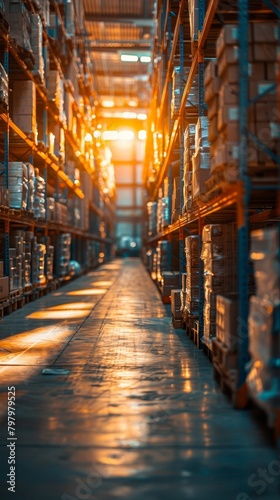 Vertical view of a retail warehouse full of shelves with goods in cartons, with pallets and forklifts and sun light. Logistics and transportation blurred background. Product, Generative AI