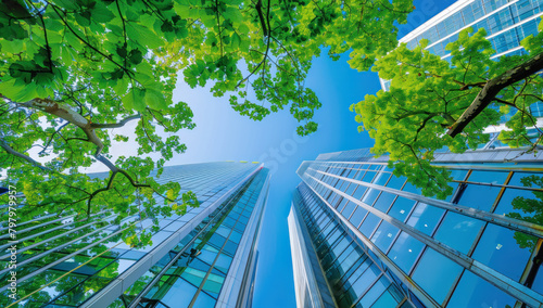 Low angle view of modern skyscrapers and green trees in city. Reflection of corporate success, urban development and architectural growth in the financial district skyline