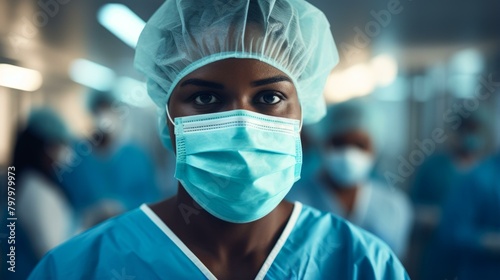 b'Portrait of a confident female surgeon wearing a surgical mask and cap in an operating room with blurred colleagues in the background'