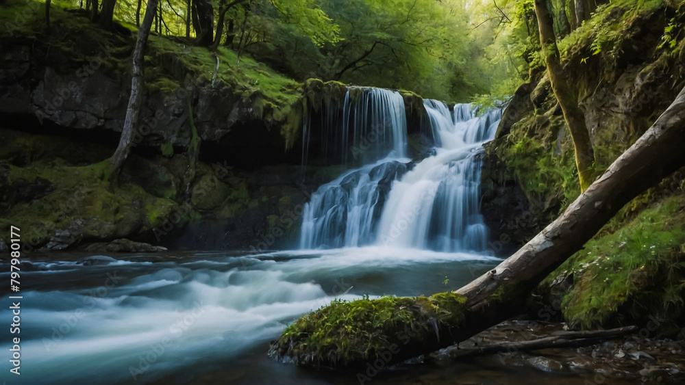 Landscape with river and forest with green trees. Silky crystal water and long exposure. Ordesa Pyrenees.
