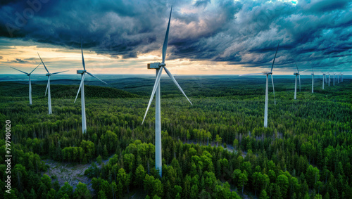 Aerial view windmills electric power production sunset in energy generation in tranquil rural landscape. Wind turbines green cloudscape, renewable technology and environmental sustainability.