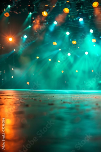 b'Close-up of an empty stage with green and orange lights'