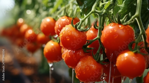 b'Close-up of ripe tomatoes on the vine with water drops' photo
