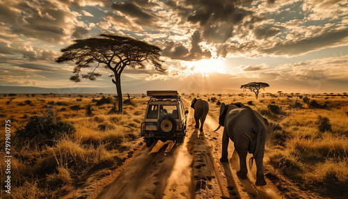 Car on a safari with elephants on a road
