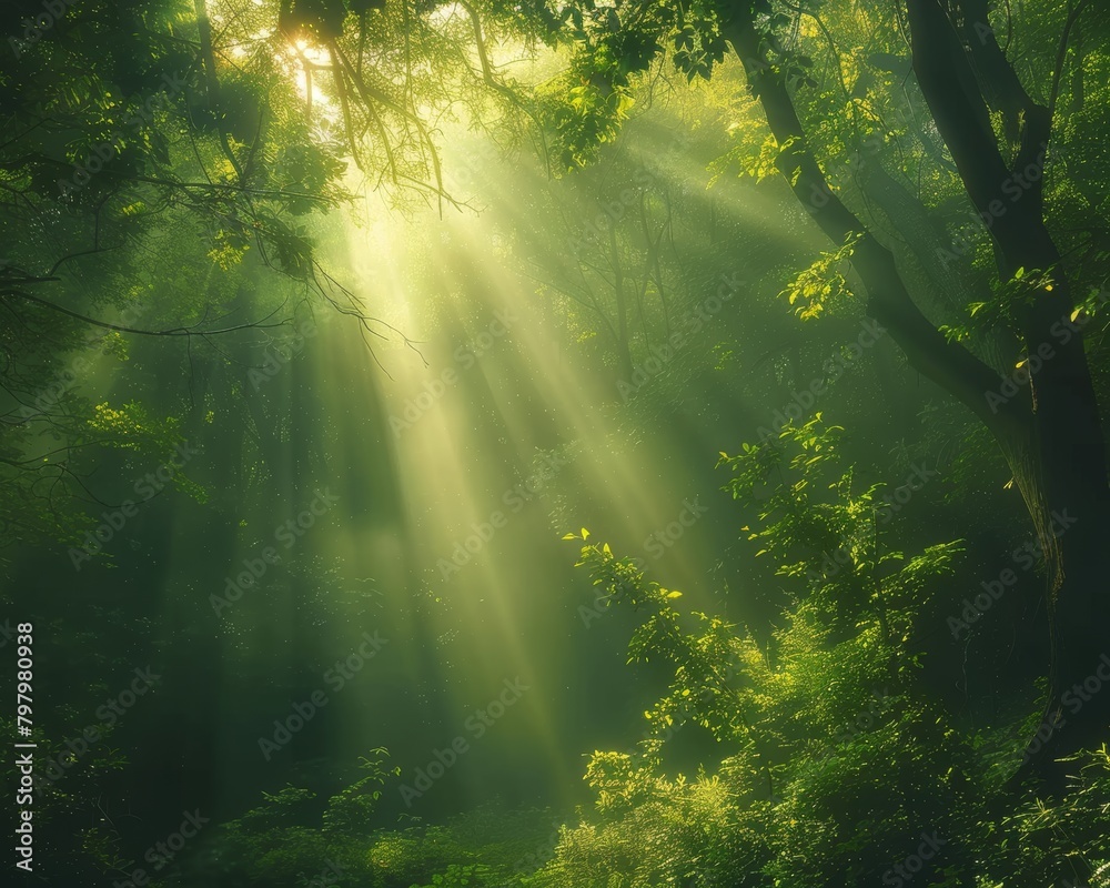 Beautiful green forest landscape on sunny day with sunlight shining through the trees