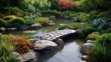 A Japanese-style garden with a stone footbridge crossing a gently flowing stream