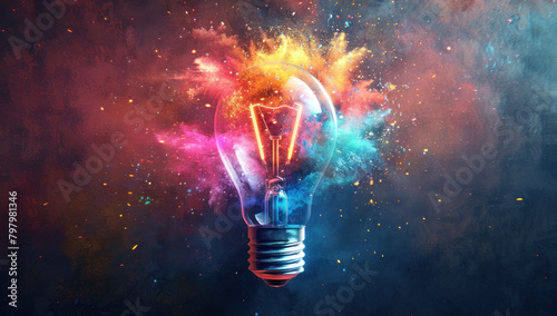 Glowing lightbulb with colorful explosion dark background. Brilliant creativity and innovation, electricity. Bulb and invention, energy, space abstract. Conceptual, power imagination and inspiration.