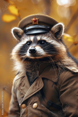 A raccoon wearing a military outfit. Suitable for military-themed designs