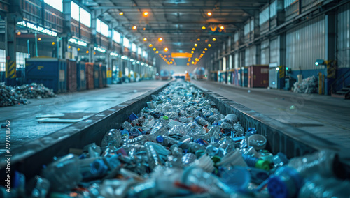 Plastic bottles in warehouse. Industrial waste sorting and recycling. Ecological process in global industry. Environmental conservation, reuse and disposal plastic in factory facility. Technology. photo