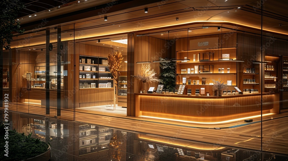 b'The warm and inviting interior of a luxury retail store'