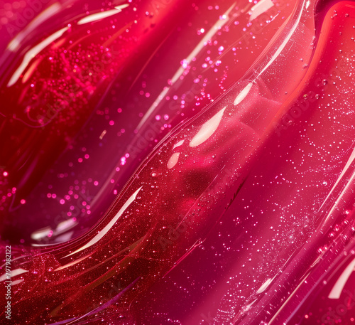 Close up of red and pink lipgloss swatches, beauty product, glossy texture