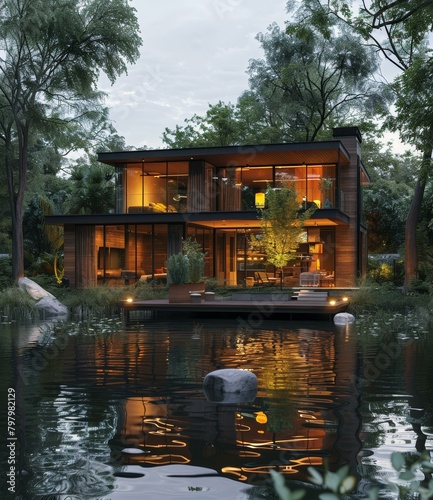 Modern lakeside house with natural surroundings