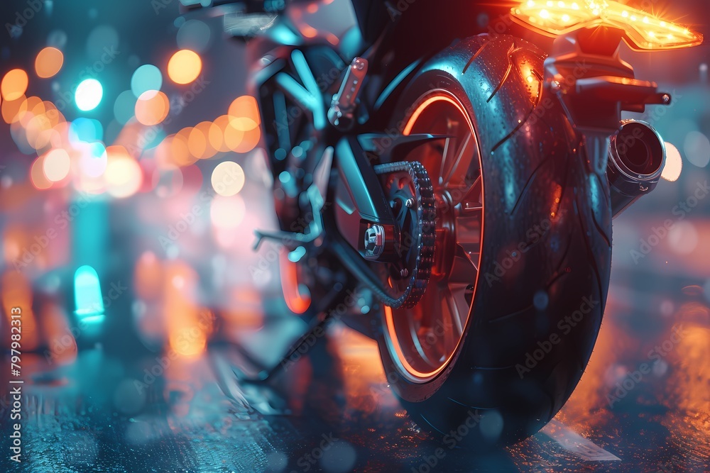 A closeup view of a racing sports heavy bike's exhaust pipe, glowing redhot from the intensity
