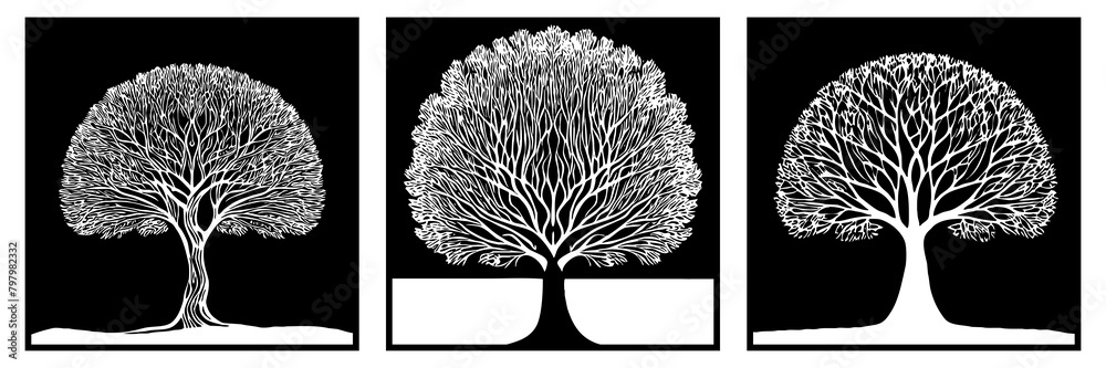 Naklejka premium Tree . Black and white botanical illustration. Logo design for use in graphics. Generated by Ai