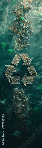 Against the backdrop of a polluted ocean, a recycling symbol stands out, illustrating the crucial role of recycling in addressing environmental challenges 8K , high-resolution, ultra HD,up32K HD