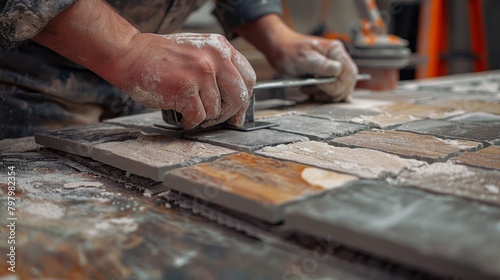 Home Improvement: A photo of a person installing new tiles in a kitchen