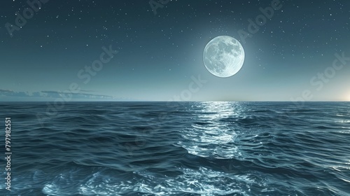 A large moon is reflected in the calm ocean waters. The scene is serene and peaceful  with the moonlight casting a soft glow on the water