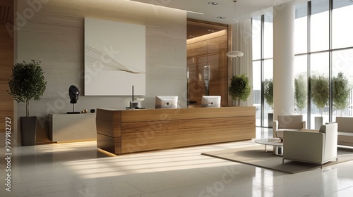 b Modern office lobby interior with wooden reception desk and stone floor 