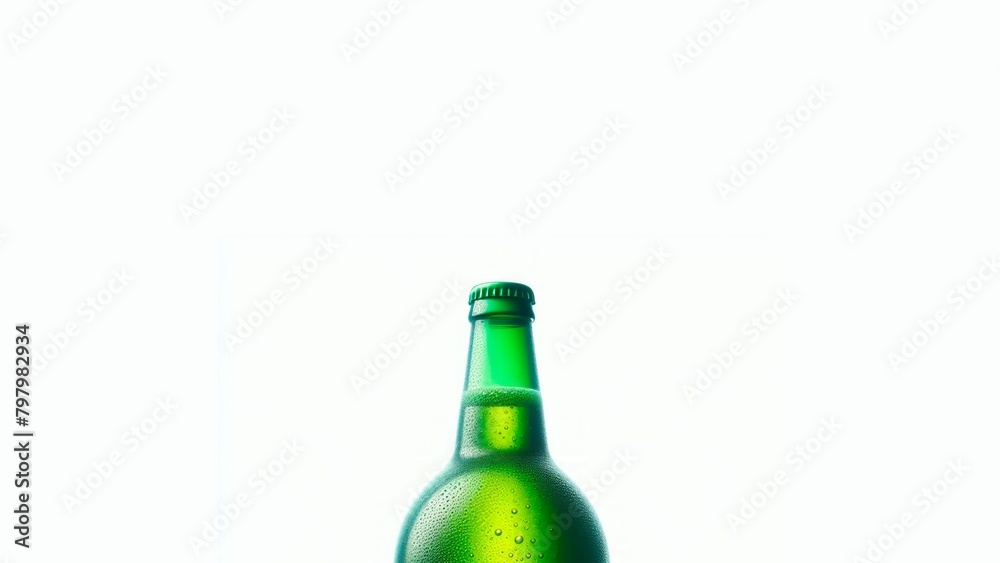 Green beer bottle with condensation droplets on white background, Generative Ai. Green beer bottle with condensation droplets on white background, Generative Ai.