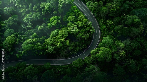 Aerial top view beautiful curve road on green forest