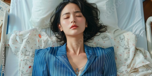 A woman in a blue suit is lying on a bed with her eyes closed