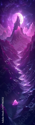 An imaginative illustration of abstract shiny geometric forms arranged as mountains, glowing under the enchanting light of purple neon against a dark setting 8K , high-resolution, ultra HD,up32K HD photo