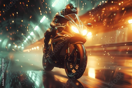 A dynamic shot from ground level as a racing sports heavy bike speeds past, the rider's helmeted head barely visible above the sleek frame, with streaks of light creating a sense of motion photo