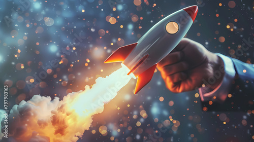 Businessman control rocket is launching and soar flying out from hand to sky for growth business, Fast business success, Startup business concept