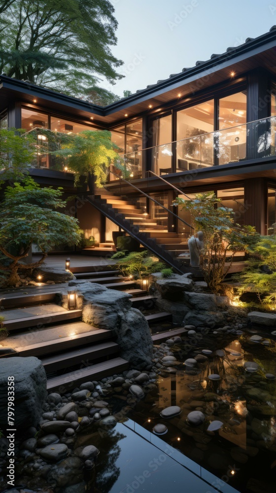 b'Courtyard with a Zen garden and a pond'