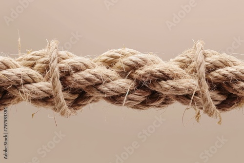 b'Close up of a fraying rope against a beige background' photo