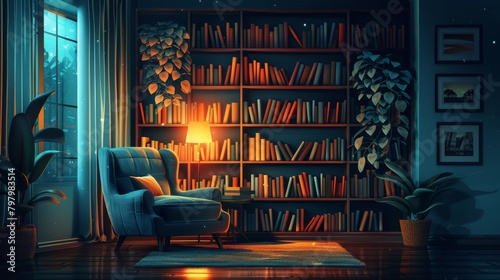 Interior Design: A vector illustration of a cozy reading nook with a comfortable chair, bookshelves, and soft lighting