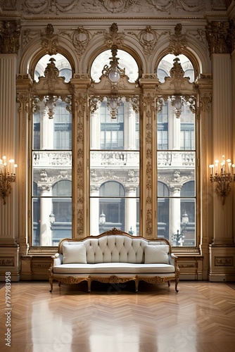 b'ornate room with white couch and large windows'