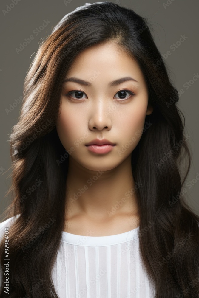 b'Portrait of a young Asian woman with long dark hair' b'Portrait of a young Asian woman with long dark hair'