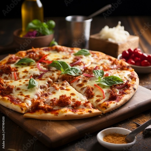 b A delicious pizza with melted cheese  red onions  and basil leaves 