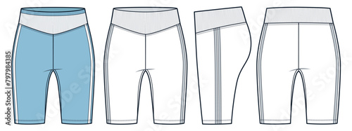 Cycling Shorts fashion flat technical drawing template. Short Leggings technical fashion illustration, striped, high rise, front, side, back view, white, blue, women, men, unisex CAD mockup set.