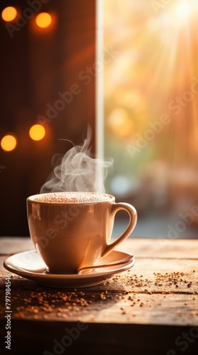 b'Cappuccino in a white ceramic cup on a wooden table with a blurred background of a window and a warm glow of sunlight'