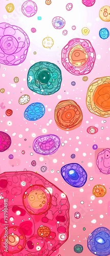 Vibrant and abstract, stem cells under a microscope in a laboratory reveal a world of color and complexity, offering a glimpse into the wonders of cellular biology