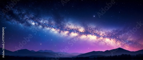 Glowing galaxy milky way  stars  night Astro photography  blue purple  detailed cloudy  extreme wide angle horizontal photo