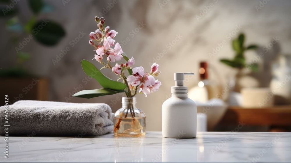 b'Still life with pink flowers and a soap dispenser'