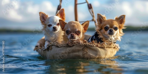b'Three Chihuahuas in a boat'