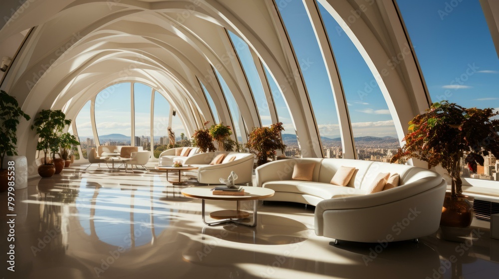 b'Barcelona city view from a luxury penthouse apartment with curved panoramic windows'