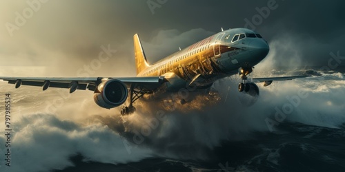 airplane flying over the sea during a storm