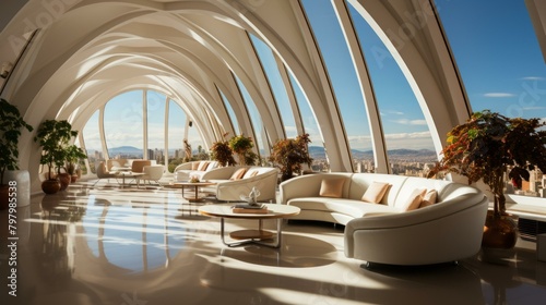 b'Barcelona city view from a luxury penthouse apartment with curved panoramic windows'