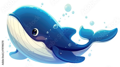 A delightful cartoon whale portrayed in a charming style stands out against a white background in this captivating 2d illustration