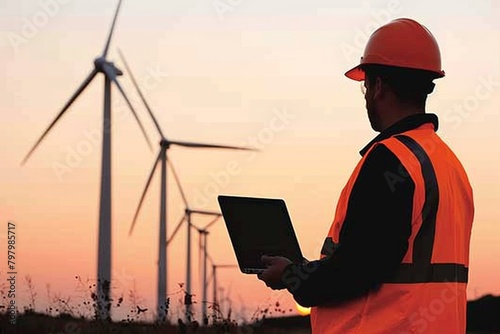 With the sun setting in the distance, an engineer analyzes data on a laptop at a wind farm, monitoring the performance of the turbines to optimize energy production